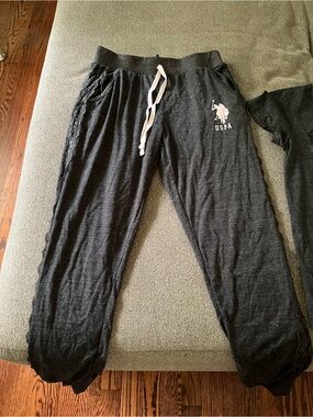 U.S. Polo Assn. Charcoal pajama set with pink Logo and feminine lace trim